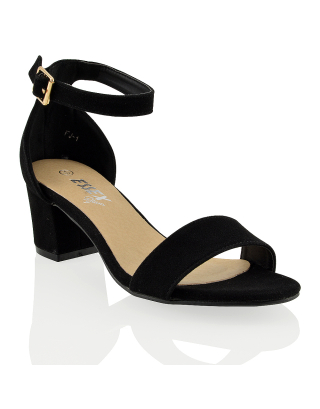 RITA BUCKLE UP ANKLE STRAP LOW MID-BLOCK HIGH HEEL SANDALS IN BLACK FAUX SUEDE