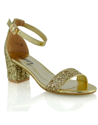 RITA BUCKLE UP ANKLE STRAP LOW MID-BLOCK HIGH HEEL SANDALS IN GOLD GLITTER