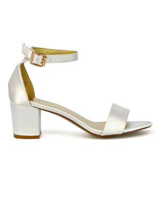 RITA BUCKLE UP ANKLE STRAP LOW MID-BLOCK HIGH HEEL SANDALS IN IVORY SATIN