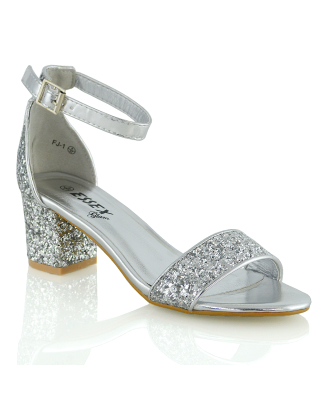 RITA BUCKLE UP ANKLE STRAP LOW MID-BLOCK HIGH HEEL SANDALS IN SILVER GLITTER