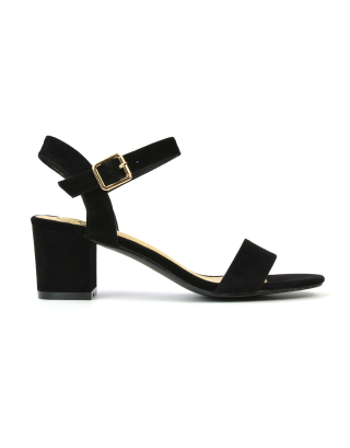 Mariana Strappy Buckle Up Mid Block Heel Sandals in Black Faux Suede 