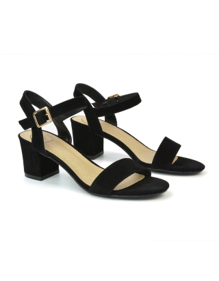 Mariana Strappy Buckle Up Mid Block Heel Sandals in Black Faux Suede 