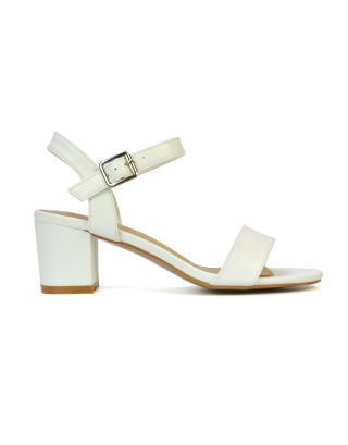 Mariana Strappy Buckle Up Mid Block Heel Sandals in White Synthetic Leather