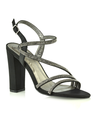 Blythe Cross Over Detail Strappy Diamante Block High Heel Sandals In Black