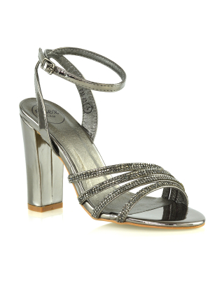 Tori Diamante Detailed Strappy Sparkly Block High Heel Sandals in Pewter