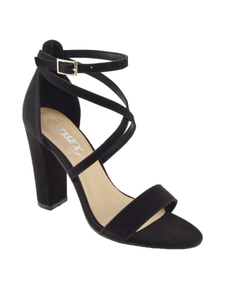 BRIELLA CROSS OVER FRONT STRAPPY BLOCK HIGH HEEL SANDALS IN BLACK FAUX SUEDE