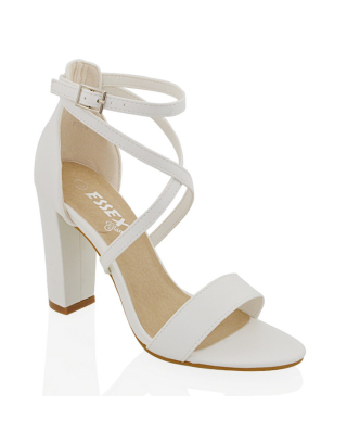 BRIELLA CROSS OVER FRONT STRAPPY BLOCK HIGH HEEL SANDALS IN WHITE SYNTHETIC LEATHER