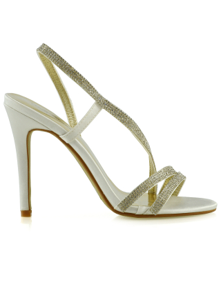 KELSEY DIAMANTE SLINGBACK STRAPPY STILETTO HIGH HEEL SHOES IN IVORY SATIN