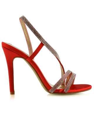 KELSEY DIAMANTE SLINGBACK STRAPPY STILETTO HIGH HEEL SHOES IN RED SATIN