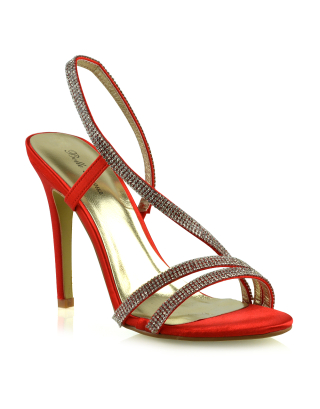 KELSEY DIAMANTE SLINGBACK STRAPPY STILETTO HIGH HEEL SHOES IN RED SATIN