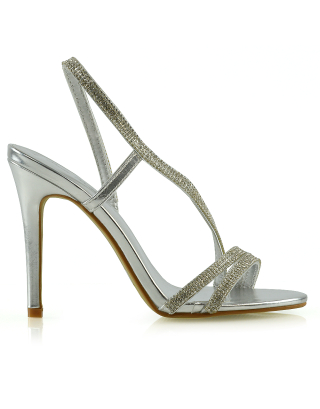 KELSEY DIAMANTE SLINGBACK STRAPPY STILETTO HIGH HEEL SHOES IN SILVER SATIN