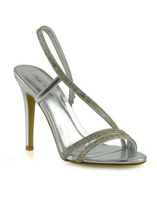 KELSEY DIAMANTE SLINGBACK STRAPPY STILETTO HIGH HEEL SHOES IN SILVER