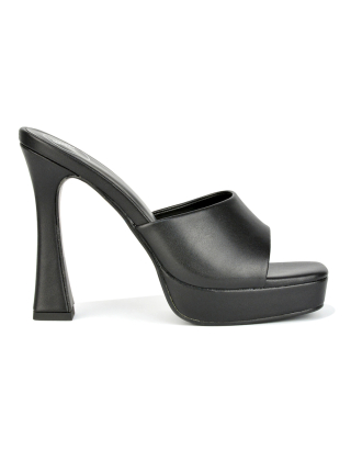 Anita Square Toe Slip on Sandal Platform High Heel Mules in Black Synthetic Leather