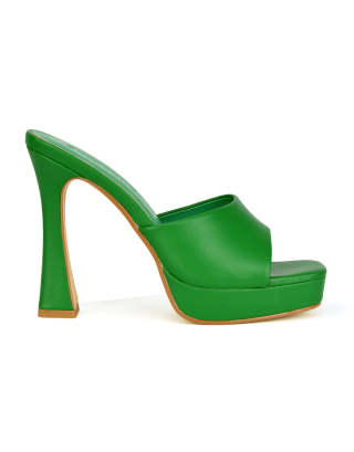 Anita Square Toe Slip on Sandal Platform High Heel Mules in Green Synthetic Leather