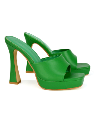 Anita Square Toe Slip on Sandal Platform High Heel Mules in Green Synthetic Leather