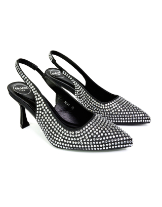 Vaia Pointed Toe Sling Back Diamante Bridal Heels Court Shoes in Black