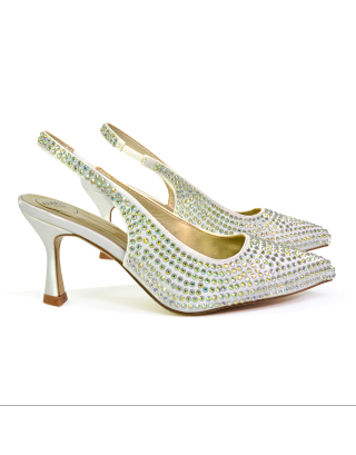 Vaia Pointed Toe Sling Back Diamante Bridal Heels Court Shoes in Ivory