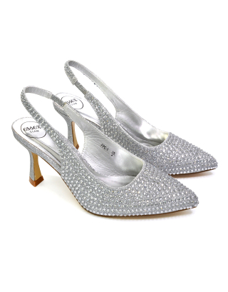 Vaia Pointed Toe Sling Back Diamante Bridal Heels Court Shoes in Silver