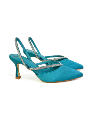 Marissa Pointed Toe Diamante Sling Back Strappy Stiletto Bridal Heels in Turquoise