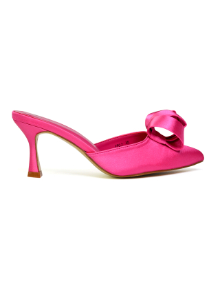 Keri Slip On Mid High Heel Stilettos Mules Party Court Shoes with Pointed Toe in Fuchsia