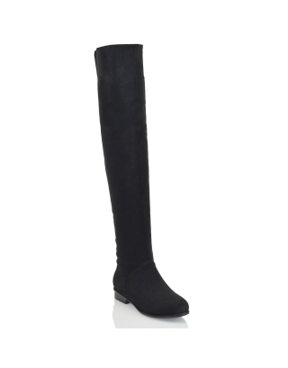 IVY FLAT LOW BLOCK HEEL THIGH HIGH OVER THE KNEE BOOTS IN BLACK FAUX SUEDE