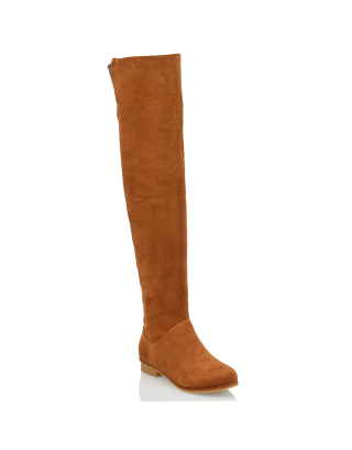 IVY FLAT LOW BLOCK HEEL THIGH HIGH OVER THE KNEE BOOTS IN TAN FAUX SUEDE