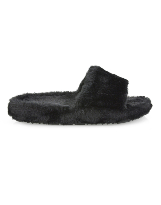 Tally Flat Fluffy Faux Fur Thick Front Strap Slider Women’s Slippers in Black