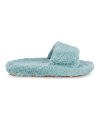 Tally Flat Fluffy Faux Fur Thick Front Strap Slider Women’s Slippers in Blue