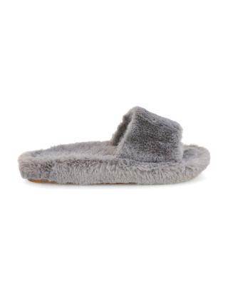 Tally Flat Fluffy Faux Fur Thick Front Strap Slider Women’s Slippers in Grey