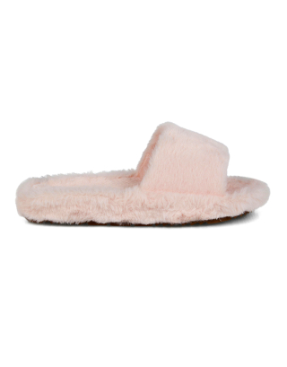 Tally Flat Fluffy Faux Fur Thick Front Strap Slider Women’s Slippers in Pink