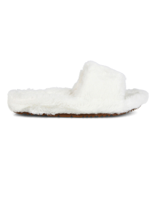 Tally Flat Fluffy Faux Fur Thick Front Strap Slider Women’s Slippers in White