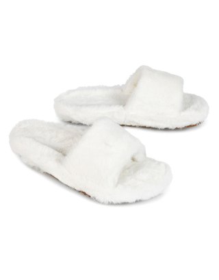 Tally Flat Fluffy Faux Fur Thick Front Strap Slider Women’s Slippers in White