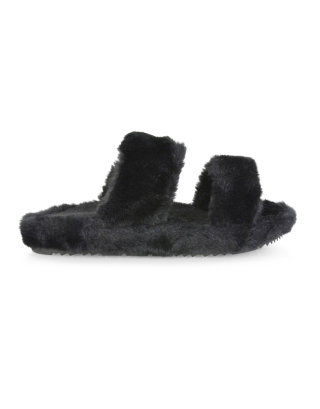 Kiara Fluffy Faux Fur Double Strap Slip on Cosy Lounge Flat Slippers in Black