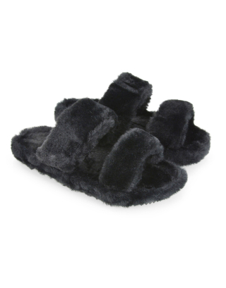 Black Faux Fur Slippers