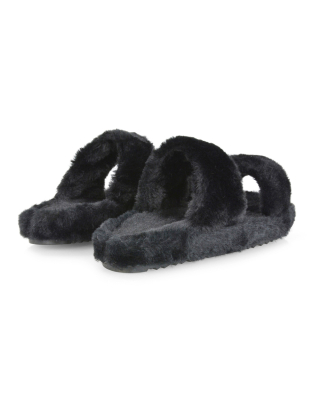 Kiara Fluffy Faux Fur Double Strap Slip on Cosy Lounge Flat Slippers in Black