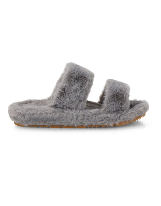 Kiara Fluffy Faux Fur Double Strap Slip on Cosy Lounge Flat Slippers in Grey