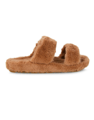 Kiara Fluffy Faux Fur Double Strap Slip on Cosy Lounge Flat Slippers in Taupe