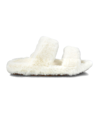 Kiara Fluffy Faux Fur Double Strap Slip on Cosy Lounge Flat Slippers in White