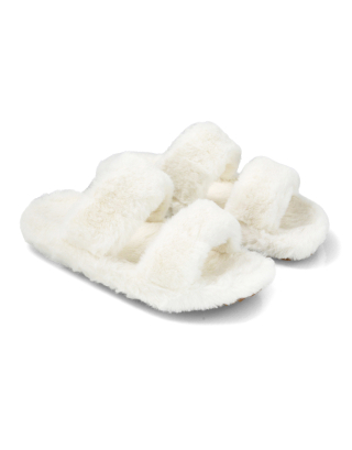 Kiara Fluffy Faux Fur Double Strap Slip on Cosy Lounge Flat Slippers in White