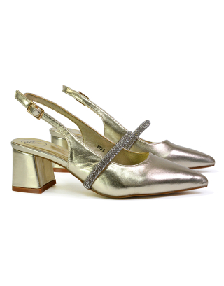 Sandie Sling Back Strappy Pointed Toe Diamante Mid Block Heels in Gold 