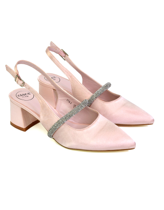 Sandie Sling Back Strappy Pointed Toe Diamante Mid Block Heels in Pink