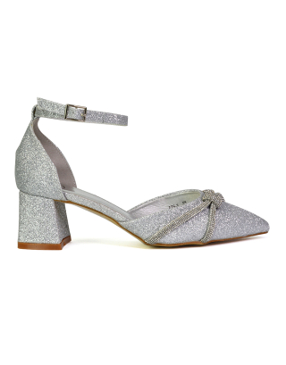 Gracie Diamante Strappy Mid Block Heel Sandals With a Pointed Toe in Silver