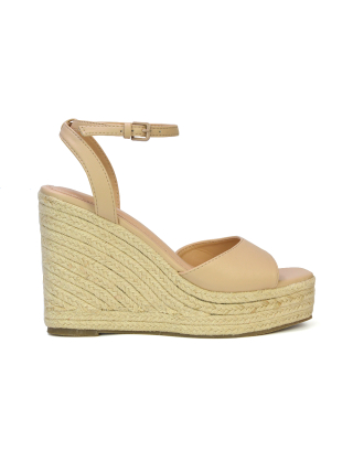 Kassie Square Toe Espadrille Platform Wedge Heel Sandals With Ankle Strap in Nude