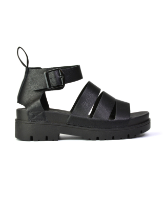 Jonas Chunky Flatform Sandals with Buckle Up Ankle Strap in Black