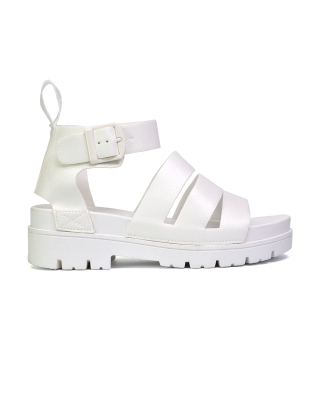 Jonas Chunky Flatform Sandals with Buckle Up Ankle Strap in White