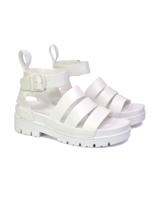 Jonas Chunky Flatform Sandals with Buckle Up Ankle Strap in White
