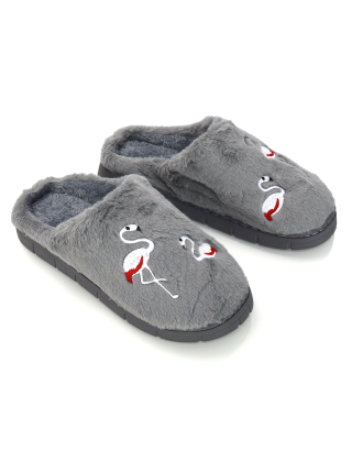 Morgan Faux Fur Fluffy Flat Cosy Flamingo Embellished Slipper Mules in Grey