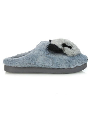 Maddie Fluffy Faux Fur Closed Toe Slip on Flat Panda Slipper Slides in Grey