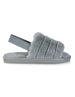 Lana Faux Fur Sling Back Ribbed Strappy Soft Cosy Fluffy Slippers in Grey