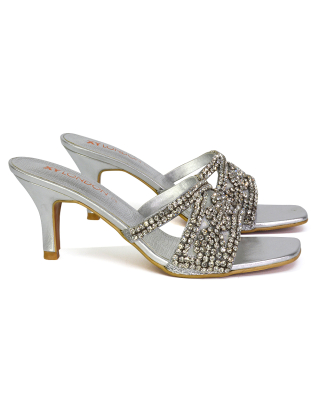 silver mules, silver heels, silver block heels